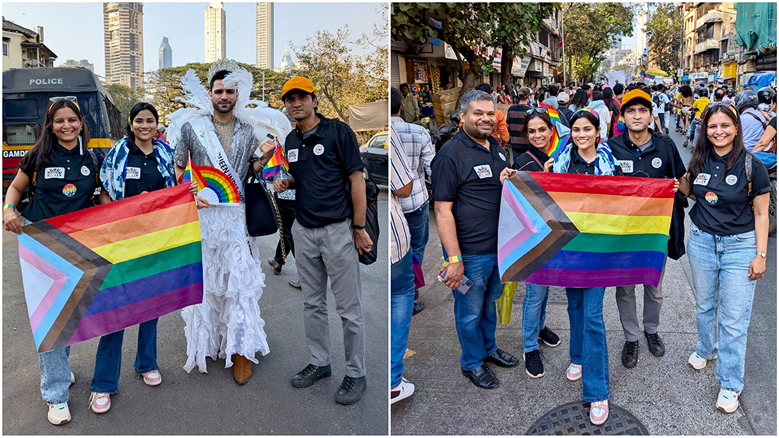 A group of employees holding flags at the Pride March at Azad Kranti, participating in Mumbai's Pride March to show solidarity with the LGBTQ+ community.